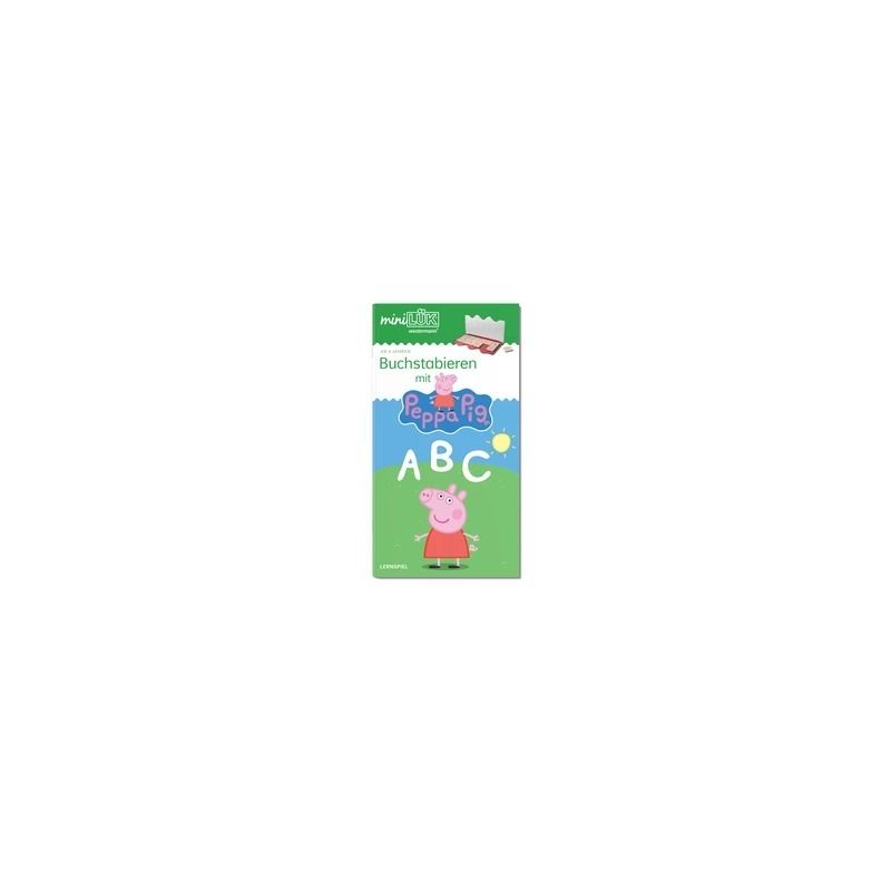 ABC-Lernkarten mit Peppa-Wutz-Motiv, grünem Hintergrund und Peppa als Cartoon auf dem Cover.