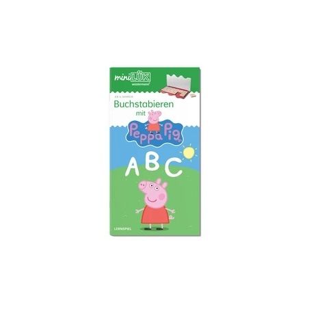 ABC-Lernkarten mit Peppa-Wutz-Motiv, grünem Hintergrund und Peppa als Cartoon auf dem Cover.