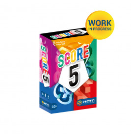 Bunte Score-5-Spielbox mit gelbem WORK IN PROGRESS-Kreis oben rechts.