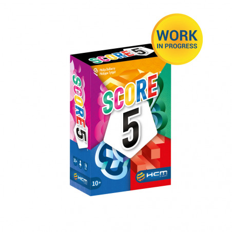 Bunte Score-5-Spielbox mit gelbem WORK IN PROGRESS-Kreis oben rechts.