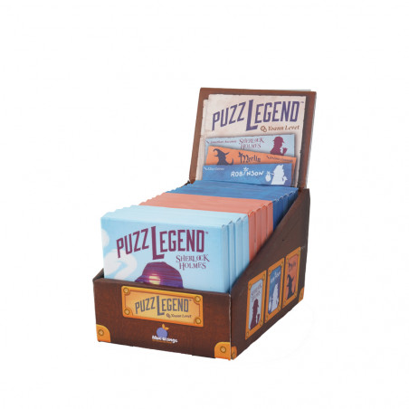 Eine PUZZ LEGEND Spielkarten-Box mit mehreren bunten Kartenpackungen, die aufrecht darin stehen.