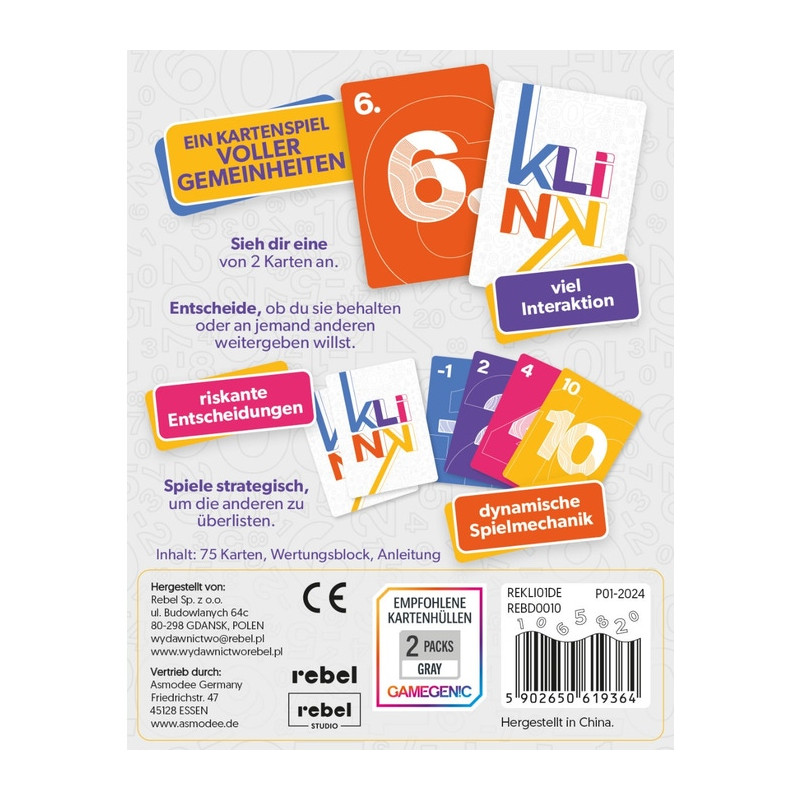 Rückseite einer deutschen Kartenspielbox mit bunten Karten und Spielinfos auf Deutsch.