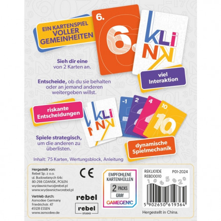 Rückseite einer deutschen Kartenspielbox mit bunten Karten und Spielinfos auf Deutsch.