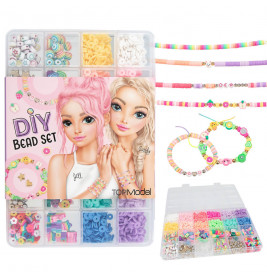 DIY-Perlenset mit bunten Perlen, Schnur, Musterarmbändern und illustriertem Deckel mit zwei Mädchen auf der Box.