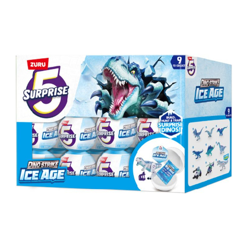 Zuru 5 Surprise Dino Strike Ice Age Mystery-Eier in Displaybox mit blauer Dinosaurier-Illustration.