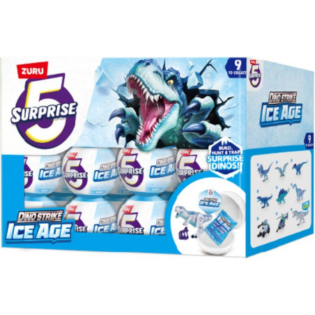 Zuru 5 Surprise Dino Strike Ice Age Mystery-Eier in Displaybox mit blauer Dinosaurier-Illustration.