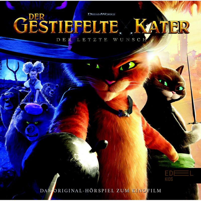 Animierte Katze mit Stiefeln, Hut und Schwert steht mit weiteren Katzen und einem Wolf in bunter, dramatischer Szene.