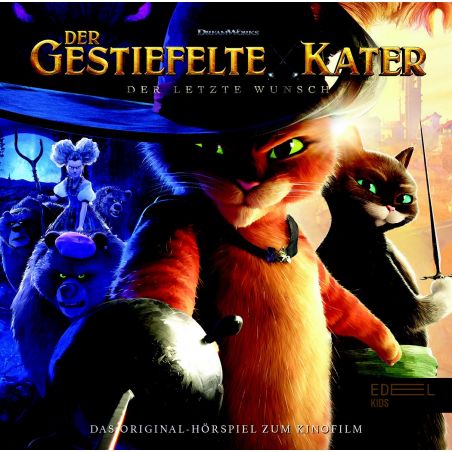 Animierte Katze mit Stiefeln, Hut und Schwert steht mit weiteren Katzen und einem Wolf in bunter, dramatischer Szene.