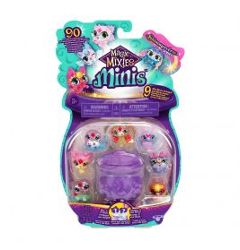 Magic Mixies Minis Set mit 9 bunten Tierfiguren und einem lilafarbenen Kessel in der Verpackung.