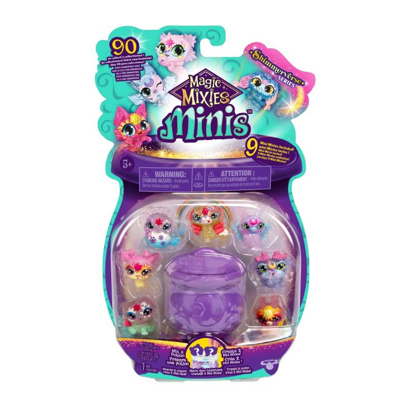 Magic Mixies Minis Set mit 9 bunten Tierfiguren und einem lilafarbenen Kessel in der Verpackung. Magic Mixies Minis Set mit 9 bunten Tierfiguren und einem lilafarbenen Kessel in der Verpackung.