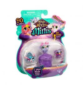 Magic Mixies Minis mit vier bunten Figuren und lila Kessel in der Shimmer Forest Verpackung.
