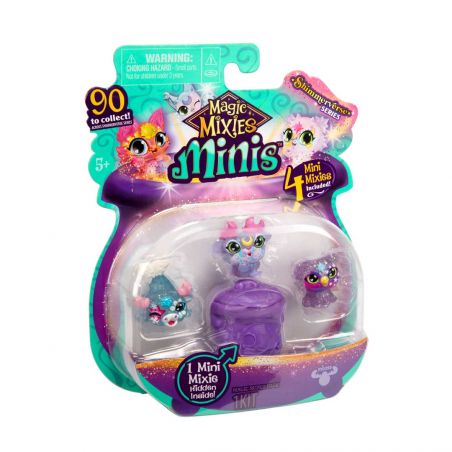 Magic Mixies Minis mit vier bunten Figuren und lila Kessel in der Shimmer Forest Verpackung.
