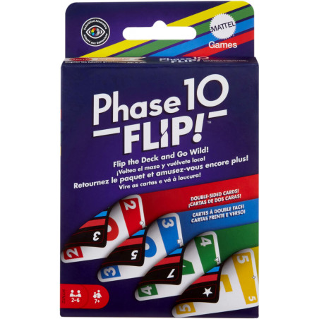 Phase 10 Flip Kartenspiel für 2-6 Personen ab 7 Jahren, mit bunten Karten und auffälliger Schrift.