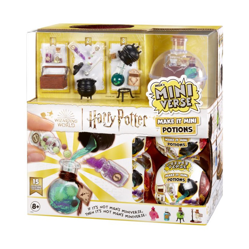 Harry Potter Mini Verse Zaubertrank-Set mit Flasche und kleinen Zubehörteilen in der Verpackung ausgestellt.