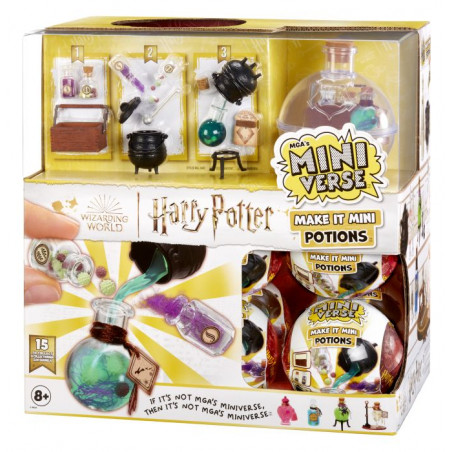Harry Potter Mini Verse Zaubertrank-Set mit Flasche und kleinen Zubehörteilen in der Verpackung ausgestellt.