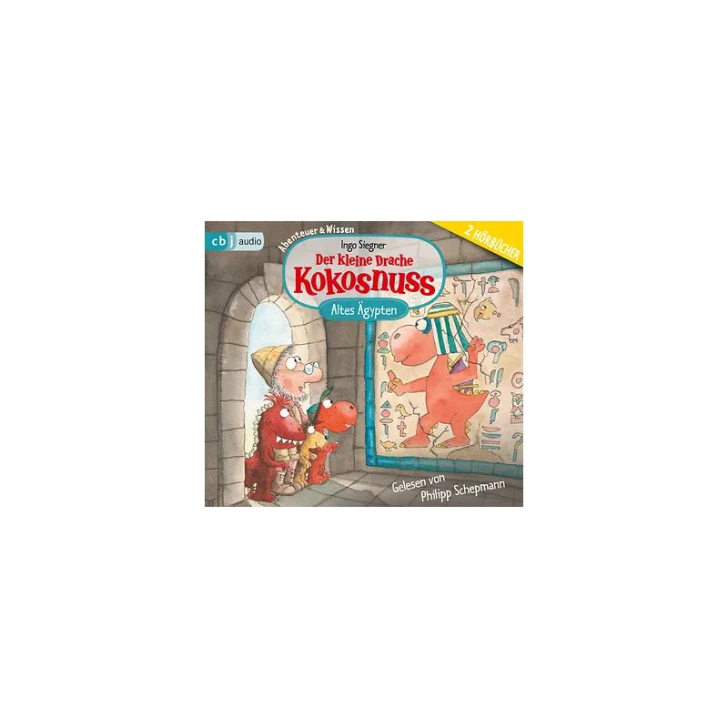 Drei Comic-Drachen betrachten auf dem Cover von Der kleine Drache Kokosnuss Altes Ägypten ägyptische Wandkunst.