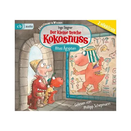 Drei Comic-Drachen betrachten auf dem Cover von Der kleine Drache Kokosnuss Altes Ägypten ägyptische Wandkunst.