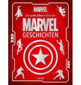 Rotes Buchcover mit silbernem Stern, Marvel-Logo und Superhelden-Silhouetten am Rand.