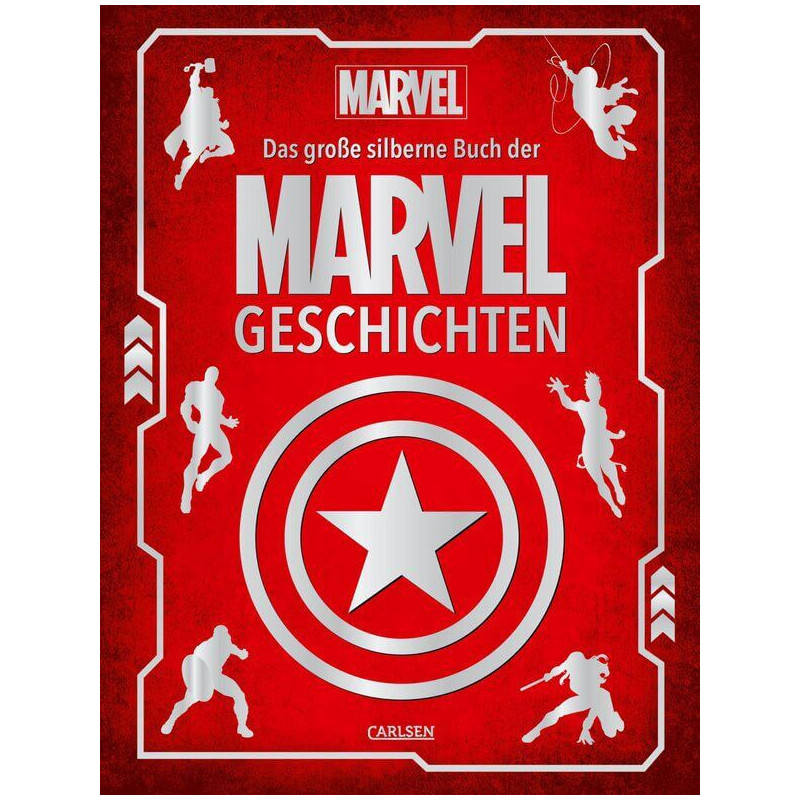 Rotes Buchcover mit silbernem Stern, Marvel-Logo und Superhelden-Silhouetten am Rand.