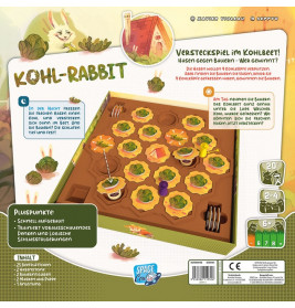 Rückseite der Kohl-Rabbit-Spielschachtel mit Spielmaterial, Regelübersicht und verspielten Illustrationen.