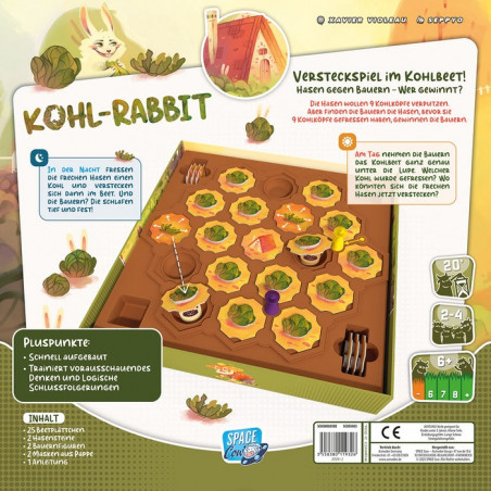 Rückseite der Kohl-Rabbit-Spielschachtel mit Spielmaterial, Regelübersicht und verspielten Illustrationen.