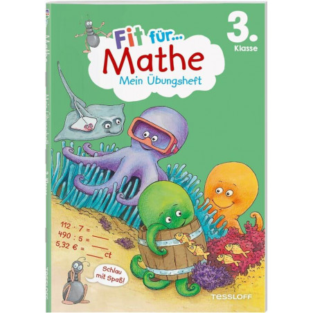 Buntes Arbeitsheft mit Zeichentrick-Meerestieren, Titel: Fit für Mathe 3. Klasse, Mein Übungsheft.