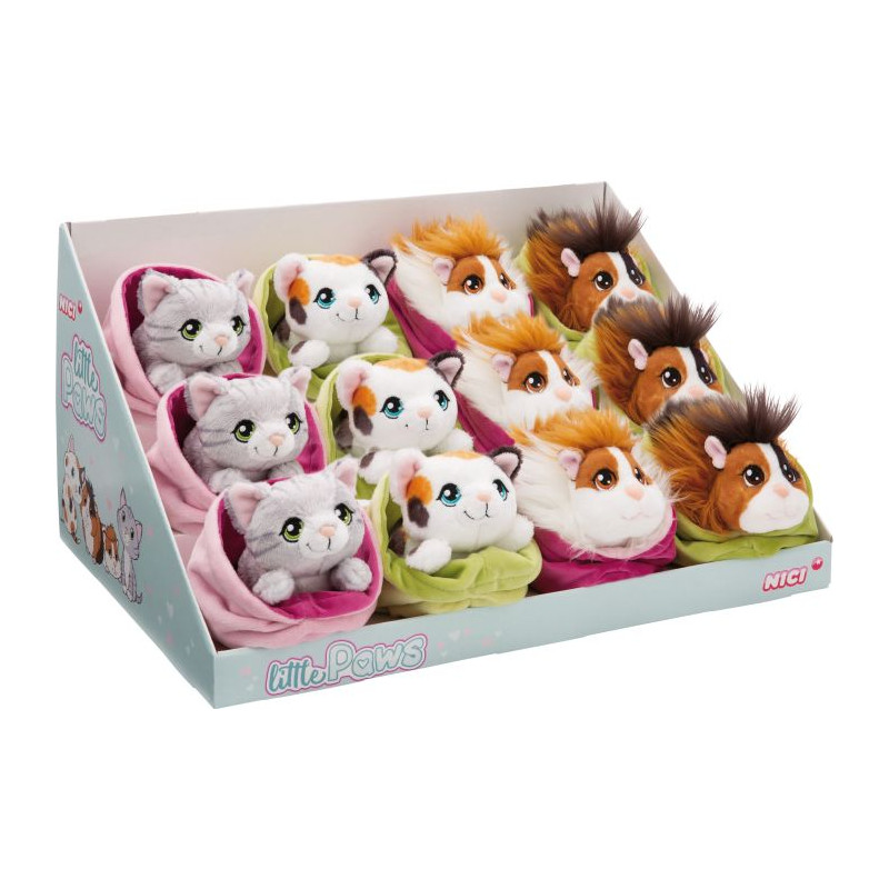 Eine Box mit Plüschkatzen und Meerschweinchen in Decken, beschriftet mit Little Paws.