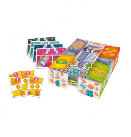 Farbenfrohes Brettspiel mit Karten, Spielsteinen und 3D-Spielbox, die Treppen und illustrierte Bereiche zeigt.