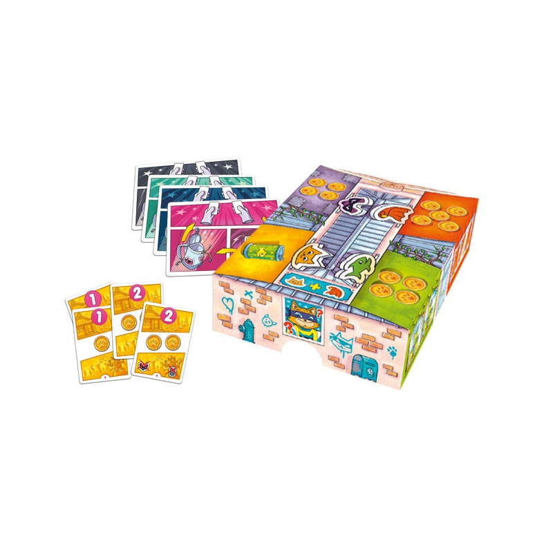 Farbenfrohes Brettspiel mit Karten, Spielsteinen und 3D-Spielbox, die Treppen und illustrierte Bereiche zeigt.