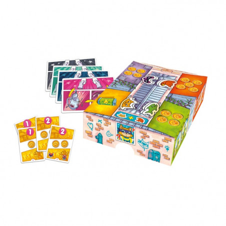 Farbenfrohes Brettspiel mit Karten, Spielsteinen und 3D-Spielbox, die Treppen und illustrierte Bereiche zeigt.