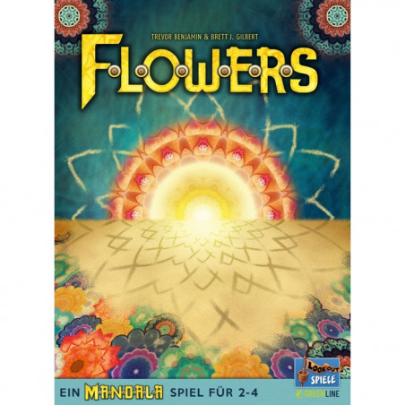 Buntes Brettspielcover mit leuchtendem Mandala und dem Titel Flowers in gelben, fetten Buchstaben.