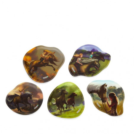 Fünf unregelmäßig geformte Teller mit Illustrationen von Mädchen und Pferden in unterschiedlichen Naturkulissen.