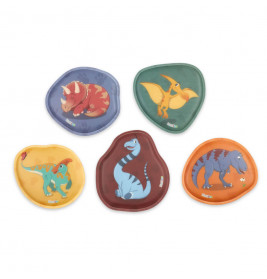 Fünf bunte Gelpacks, jeweils mit einem anderen Cartoon-Dinosaurier auf farbigem Hintergrund.