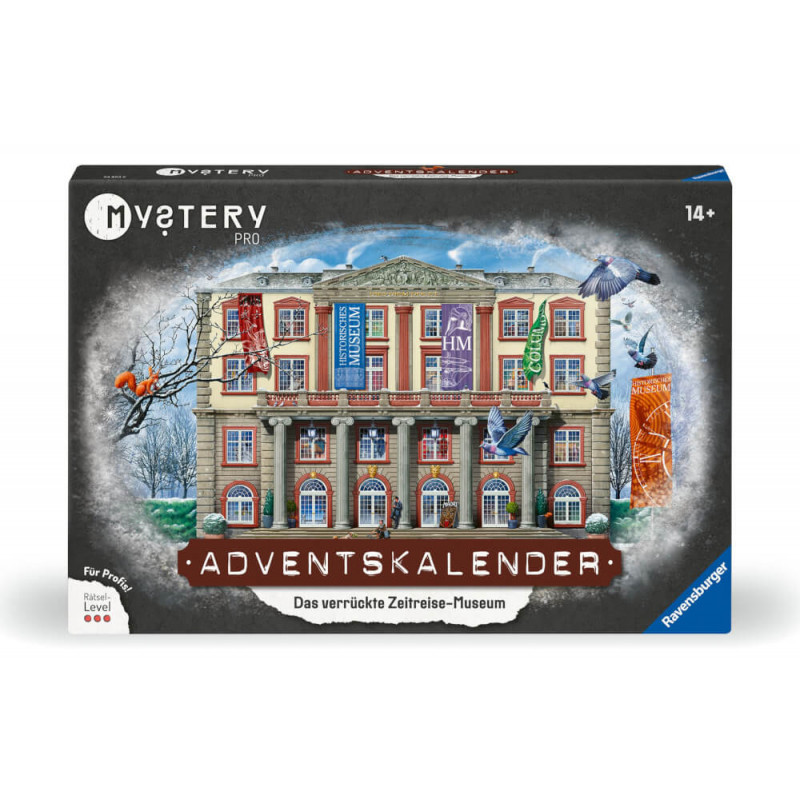 Box des Mystery Pro Adventskalender mit Museum- und Vogelillustration, geeignet ab 14 Jahren. Box des Mystery Pro Adventskalender mit Museum- und Vogelillustration, geeignet ab 14 Jahren.