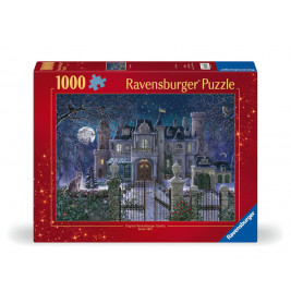 Ravensburger Puzzle mit 1000 Teilen: Spukhaus bei Nacht, Vollmond und eine Katze auf der Schachtel abgebildet.