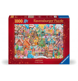 Ravensburger Puzzle mit 1000 Teilen, Motiv: Bunte, festliche Weihnachtsplätzchen-Dorf-Illustration.