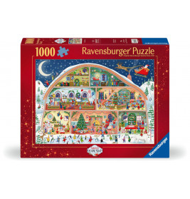 Ravensburger Puzzle 1000 Teile, zeigt festliche Weihnachtsszene mit Elfen in verschneiter, dekorierter Werkstatt.