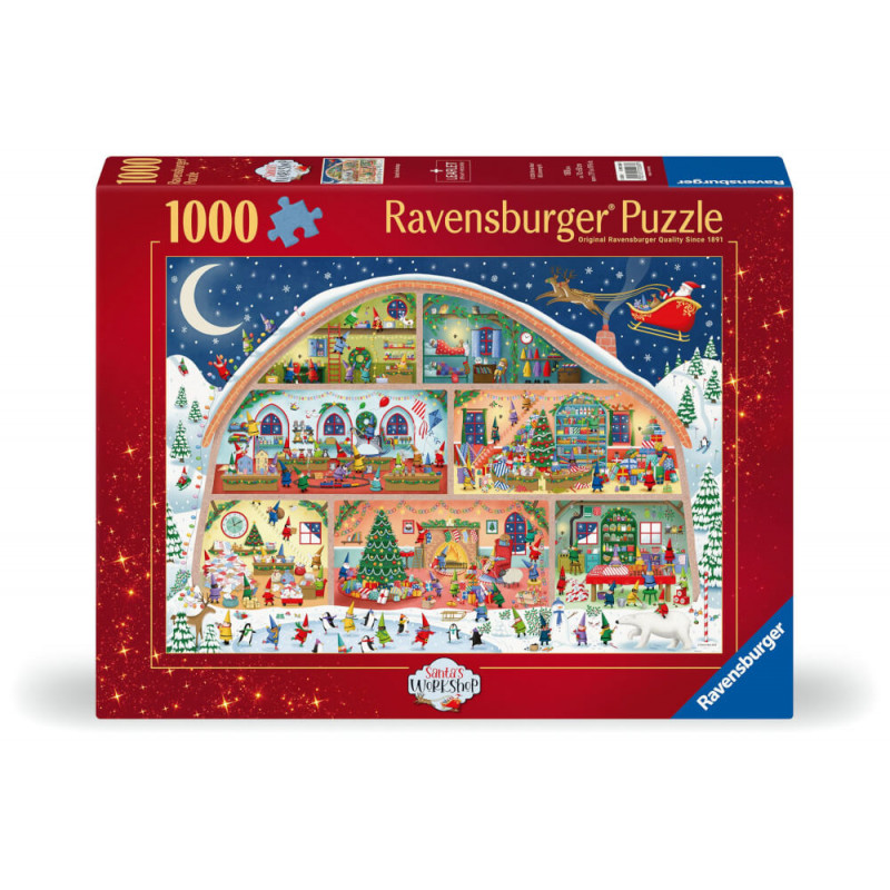 Ravensburger Puzzle 1000 Teile, zeigt festliche Weihnachtsszene mit Elfen in verschneiter, dekorierter Werkstatt.