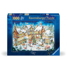 Schachtel eines 1000-Teile-Ravensburger-Puzzles mit winterlichem Weihnachtsdorf und geschmückten Häusern.
