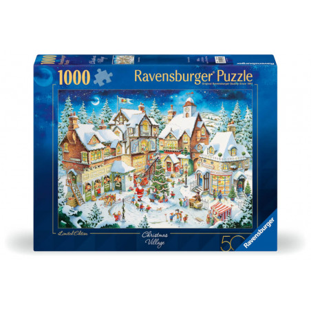 Schachtel eines 1000-Teile-Ravensburger-Puzzles mit winterlichem Weihnachtsdorf und geschmückten Häusern.