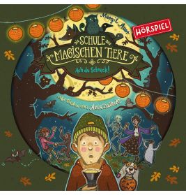 Ein überraschter Junge hält eine Tasse unter Laternen, umgeben von magischen Tieren und mystischen Wesen.