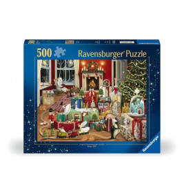 500-Teile-Ravensburger-Puzzle mit weihnachtlicher Szene: Geschenke liegen vor einem Kamin.