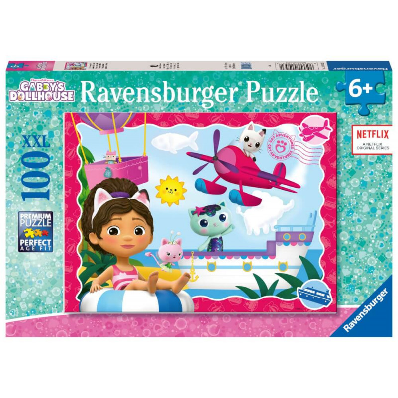 Ravensburger Puzzle Gabbys Puppenhaus mit Comicfiguren, Flugzeug und Pool, geeignet für Kinder ab 6 Jahren.