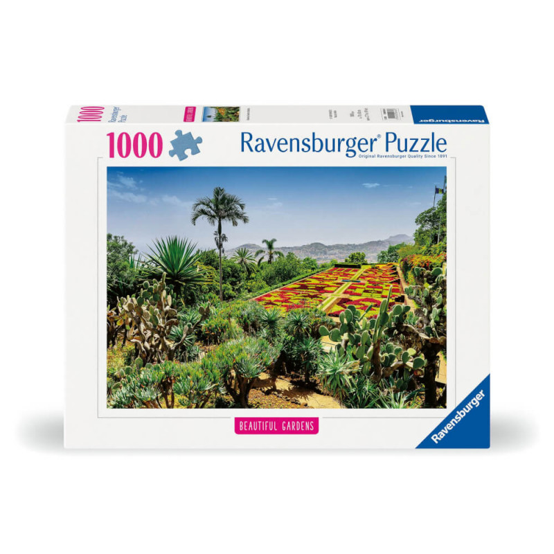 Ravensburger Puzzle mit 1000 Teilen: Ein farbenfroher Garten mit Pflanzen vor einer Bergkulisse im Hintergrund.