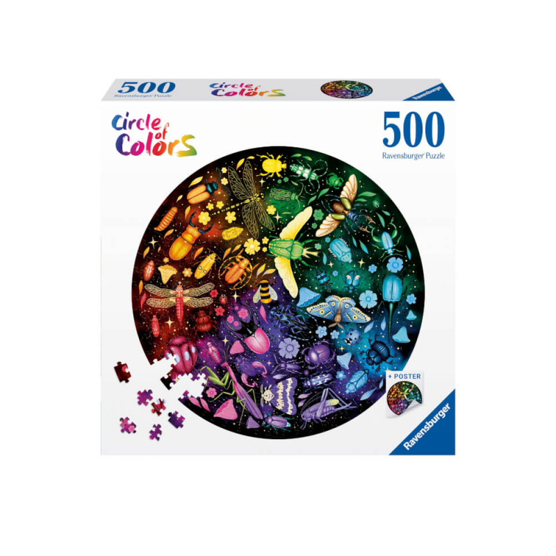 Ravensburger 12000820 Manga-Puzzle, 500 Teile, zeigt ein farbenfrohes, rundes Motiv mit Insekten und Blumen.
