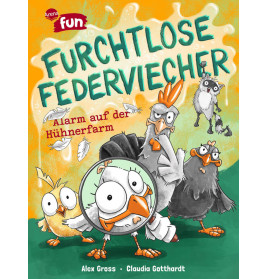 Überraschte Cartoon-Hühner auf buntem Buchcover mit deutschem Text, herabfallenden Federn und alarmierten Gesichtern.