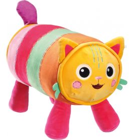 Plüschkatze mit rundem, bunt gestreiftem Körper, pinken Beinen und lächelndem Gesicht.