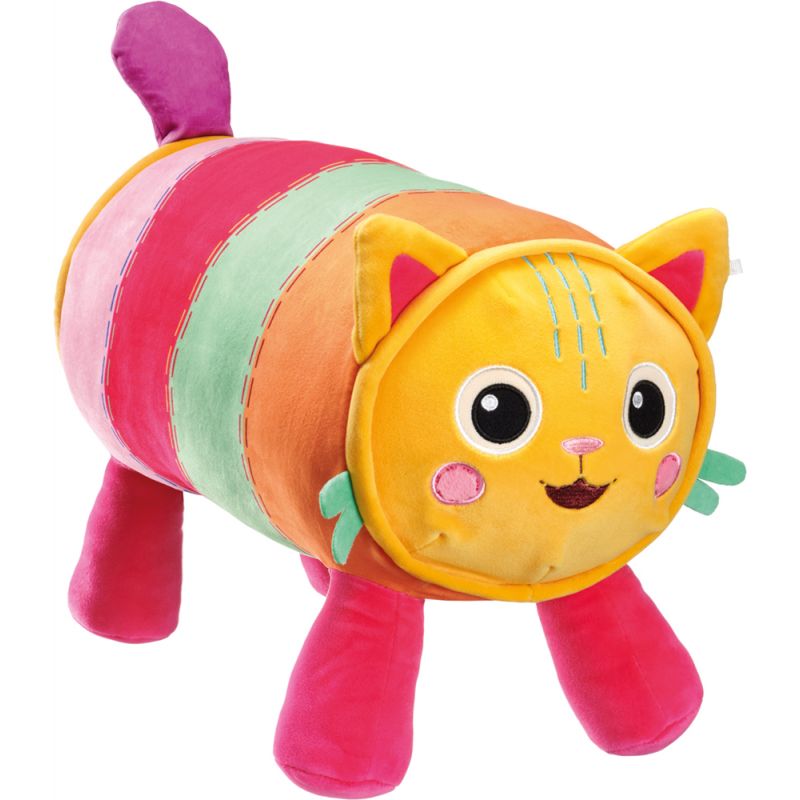 Plüschkatze mit rundem, bunt gestreiftem Körper, pinken Beinen und lächelndem Gesicht. Plüschkatze mit rundem, bunt gestreiftem Körper, pinken Beinen und lächelndem Gesicht.
