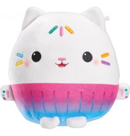 Rundes Plüschtier in Katzenform, weiß mit rosa, blauen und regenbogenfarbenen Details.