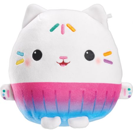 Rundes Plüschtier in Katzenform, weiß mit rosa, blauen und regenbogenfarbenen Details.